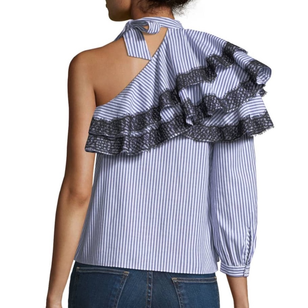 Veronica Beard Isla Striped One Shoulder Blouse - Picture 2 of 11